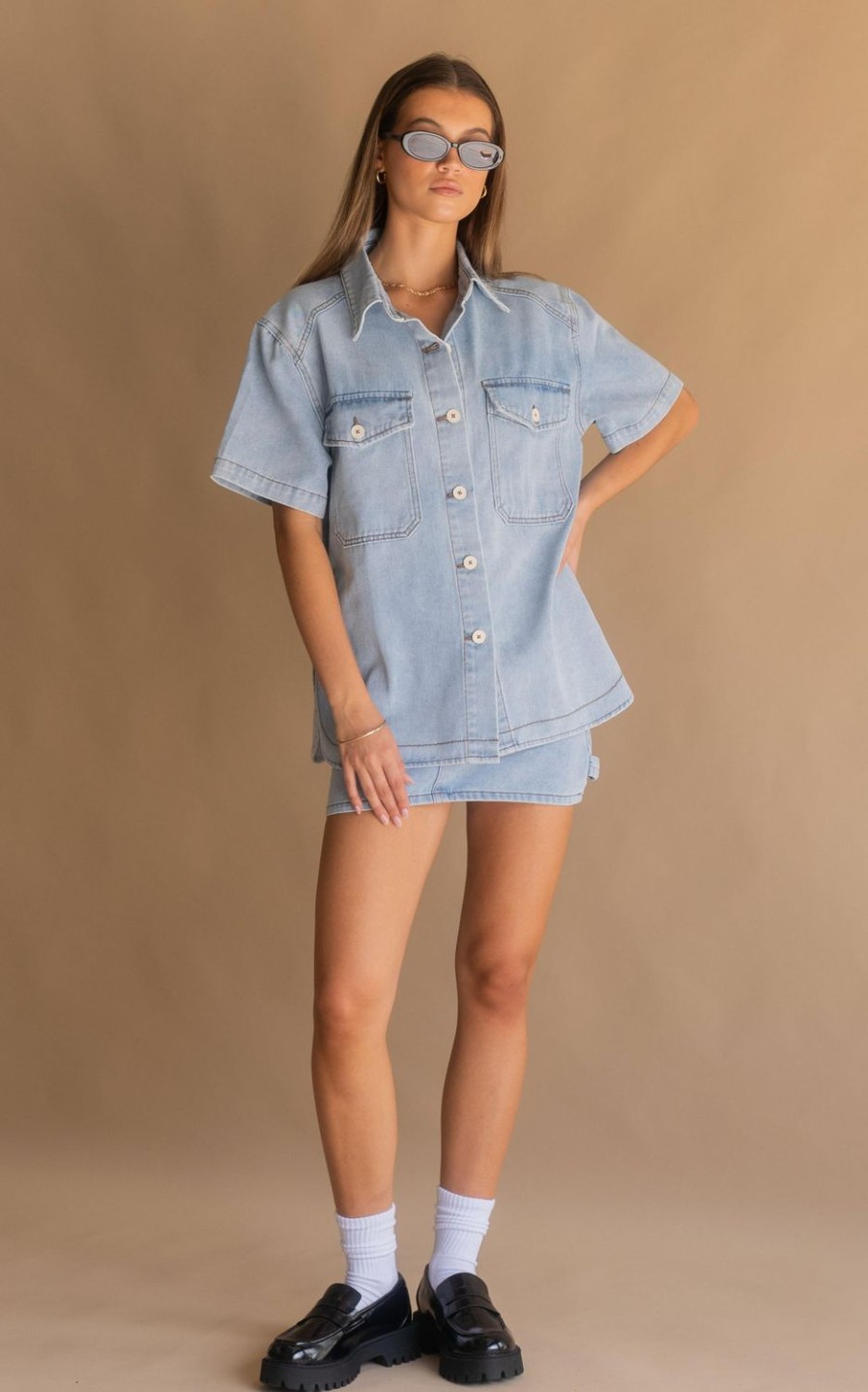 Tops Araminta James | Summa Denim Shirt Washed Blue